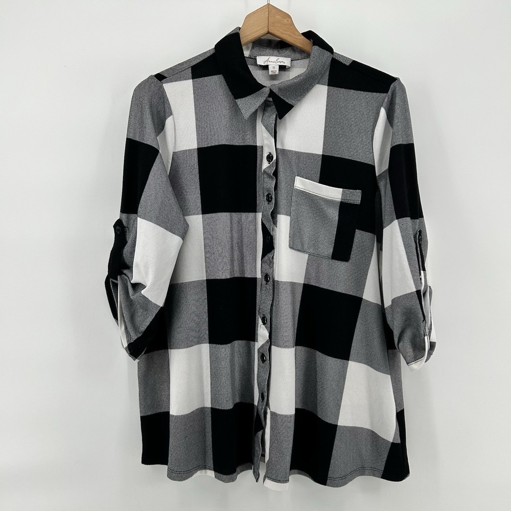 Anneliese Buffalo Plaid Blouse Womens 1X Black White Roll Tab Tunic Soft Relaxed